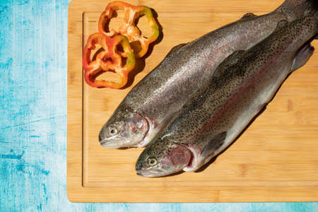 Two fresh fish on kitchen board with blue backgroundの写真素材