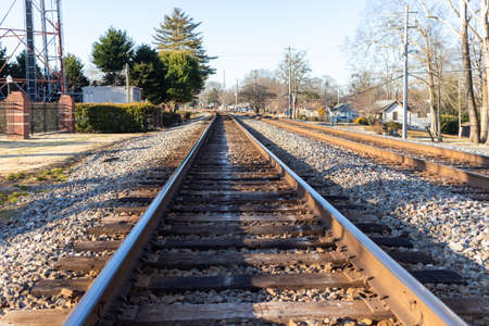 Railway or railroad tracks for train transportationの写真素材