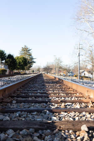 Railway or railroad tracks for train transportationの写真素材