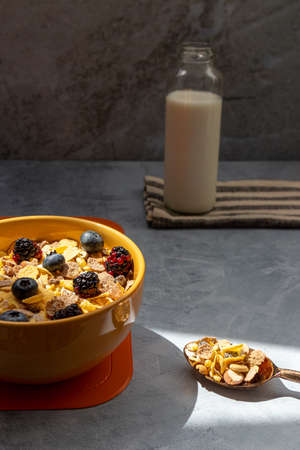 Breakfast with granola cereal and fruitsの写真素材