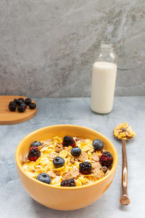 Breakfast with granola cereal and fruitsの写真素材