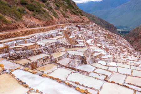 View of the natural salt pools in Las Salineras de Maras in the Sacred Valley of Cusco. Peru