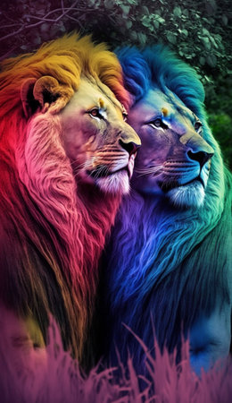 Lion and lioness in the wild. Colorful background.の素材