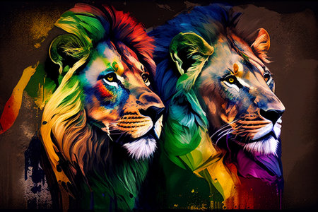 Lion and lioness in colorful grunge background. Lion and lioness on abstract background.の素材