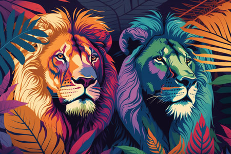 Lion and lioness among tropical leaves. Colorful vector illustration.の素材