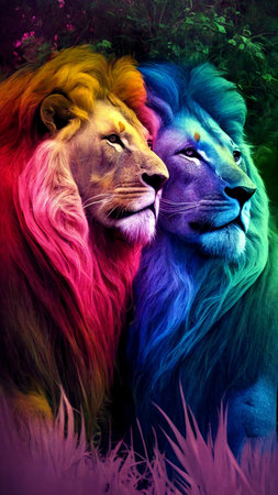 Lion and lioness on a multicolored background with flowersの素材