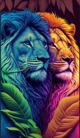 Lion and lioness with leaves. Colorful vector illustration.の素材