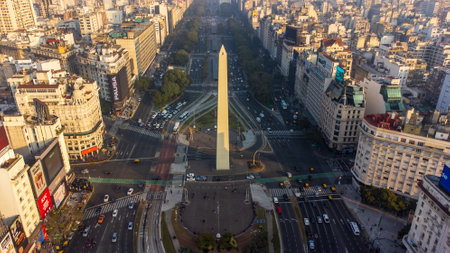 Buenos Aires, Argentina - 06th Jun 2022: Aerial view of the Obelisk, icon of the city of Buenos Aires in Argentina.のeditorial素材