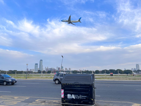 Buenos Aires, Argentina - 09th Jun 2022: View of the plane taking off from the Jorge Newbery international airport on Av. Costanera in Buenos Aires.のeditorial素材