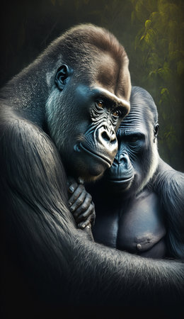Silverback Gorillas couple in the jungle. LGBT representation. Created with Generative Al technologyの素材