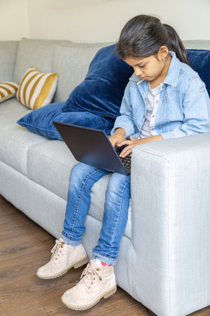 Young girl is using her laptop on the living room sofaの写真素材