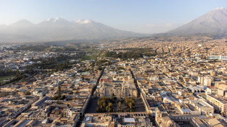 Aerial view of the city of Arequipa and its volcanoes. Peruの写真素材