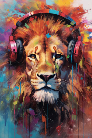 Illustration of a lion with headphones and splash colorsの素材