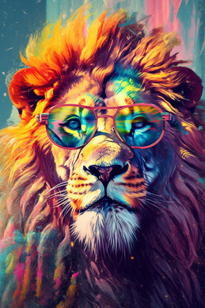 Illustration of a lion with sunglasses and splash colorsの素材