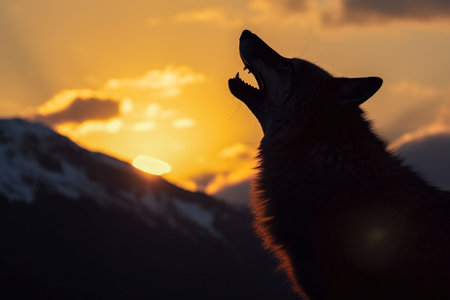 Wolf silhouette howling in the hillsの素材