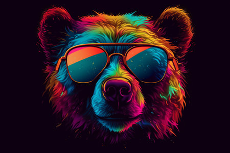 Close up of brown bear with psychedelic glassesの素材
