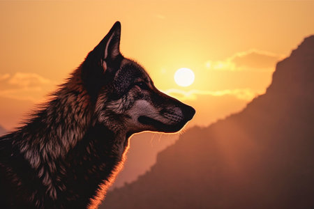 Wolf silhouette howling in the hillsの素材