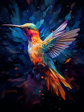 Colorful hummingbird bathed in splash of colorsの素材
