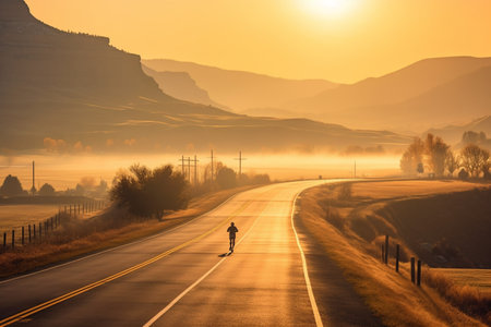 Runner jogging on the road at sunsetの素材