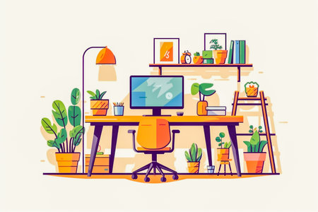 Design office desk with green plants and laptop with mock up in vintage styleの素材
