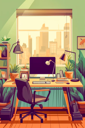 Design office desk with green plants and laptop with mock up in vintage styleの素材