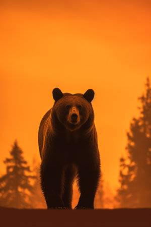 Imposing brown bear howling on the forest hillsの素材