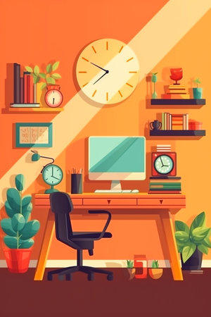 Design office desk with green plants and laptop with mock up in vintage styleの素材