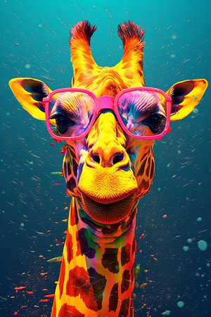 Close up of happy giraffe with glassesの素材