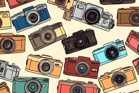 Wallpaper with pattern of colorful retro camerasの素材
