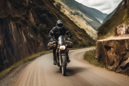 Biker riding his motorbike in nice mountainous landscapeの素材