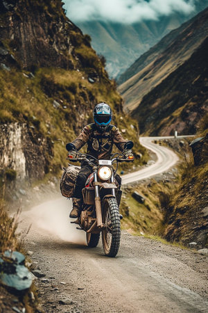 Biker riding his motorbike in nice mountainous landscapeの素材