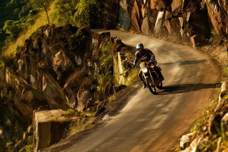Biker riding his motorbike in nice mountainous landscapeの素材