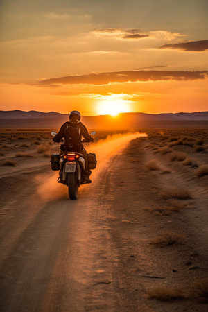 Motorcyclist driving on the highway at sunsetの素材
