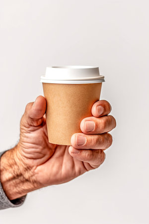 Mockup of hand holding a disposable cup of coffeeの素材