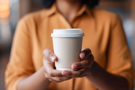 Mockup of hand holding a disposable cup of coffeeの素材