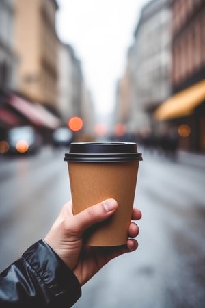 Mockup of hand holding a disposable cup of coffeeの素材