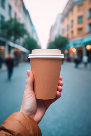 Mockup of hand holding a disposable cup of coffeeの素材