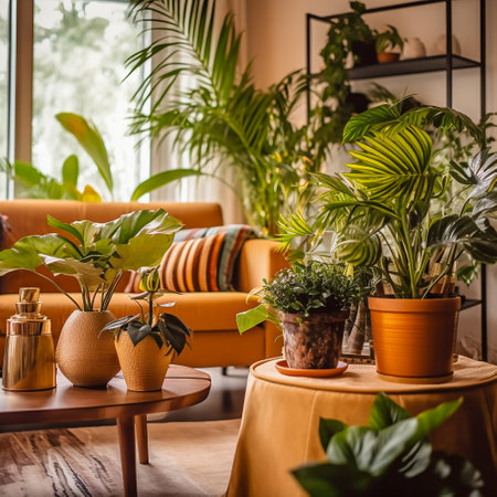 Living room decorated with beautiful exotic plantsの素材