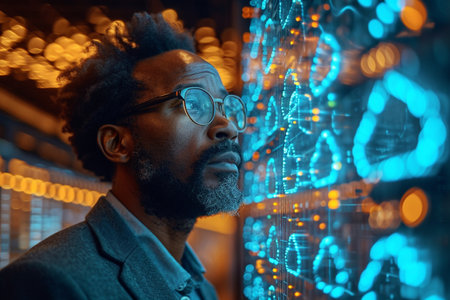 Thoughtful african american man in eyeglasses looking away while standing at nightの素材
