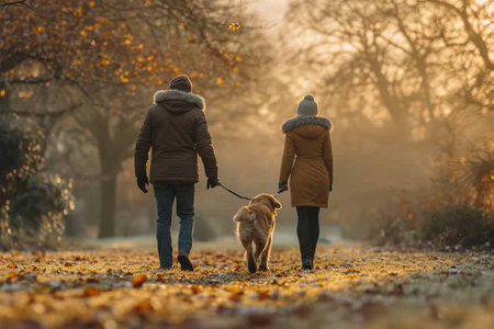 Couple in love walking romantically with their dogの素材