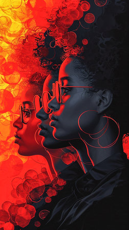 portrait of a beautiful african american woman in headphones on a red backgroundの素材