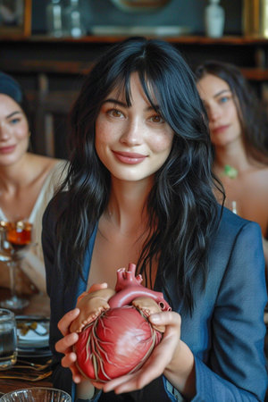 Woman with a human heart in her hand, representing greed, ambition, infidelity in societyの素材