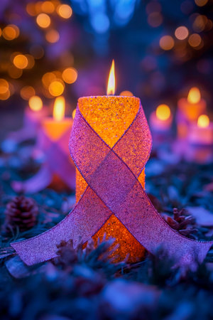 Candles with pink ribbons, symbolizing the fight against cancer.の素材