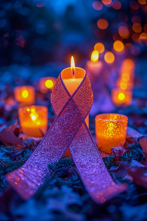 Candles with pink ribbons, symbolizing the fight against cancer.の素材
