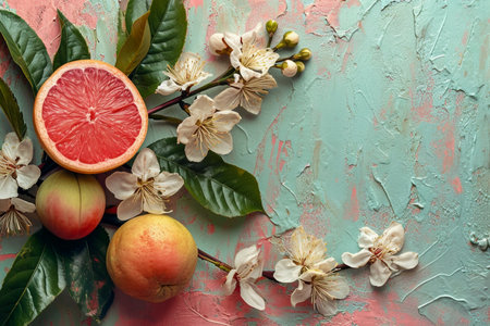 Background with fruit and floral motifs for springの素材
