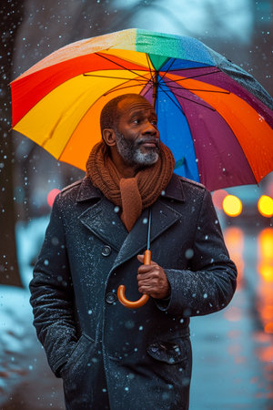 African American senior man walking in the rain with his umbrella with LGBT colorsの素材