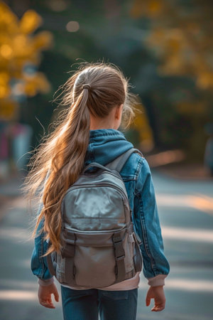 Back view of a girl with her backpack walking to schoolの素材