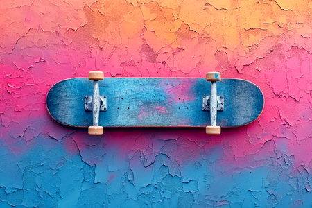 Overhead view of a skateboard with colorful backgroundの素材