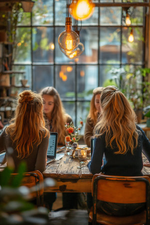 Group of female friends sitting in a cafe, talking and drinking coffeeの素材
