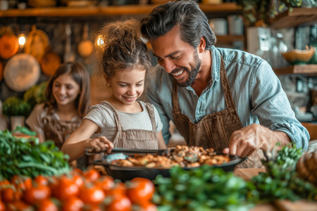 Happy family is cooking in the kitchen. Father, mother and daughter are preparing healthy food.の素材